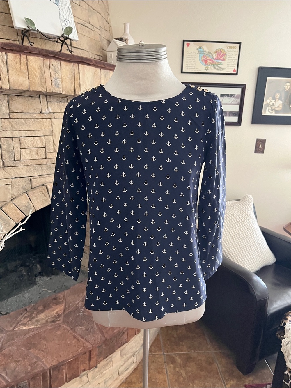 J Crew Navy Anchor Print Women’s Silk Blouse Size 0